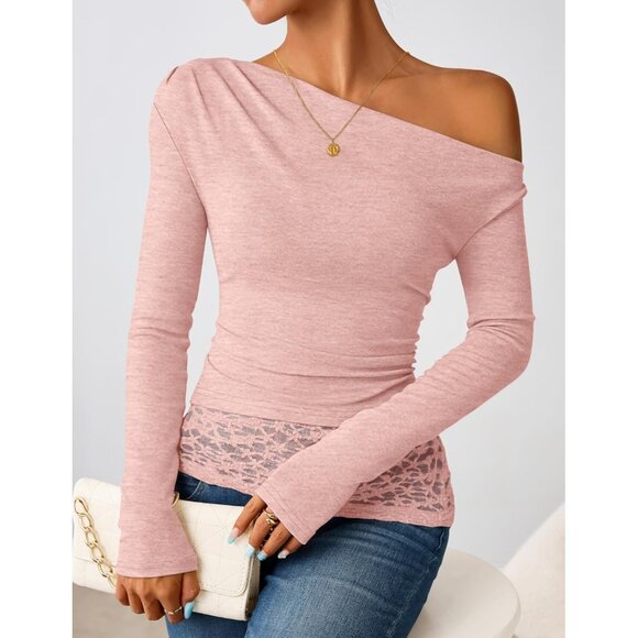 Women's Pink Long Sleeve Off Shoulder Tops Casual Boat Neck Lace Shirts Blouses - Picture 1 of 5